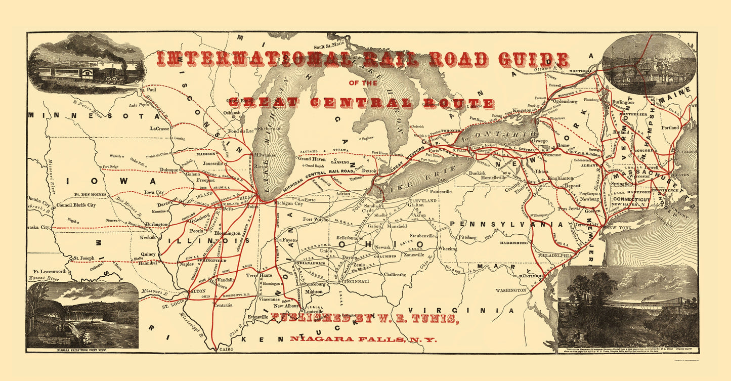 Railroad Map - Great Central Route International Rail Guide - Tunis 1855 - 23 x 44 - Vintage Wall Art