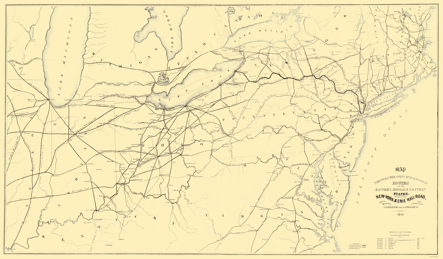 Railroad Map - New York and Erie Railroad - 1853 - 23 x 39.32 - Vintage Wall Art