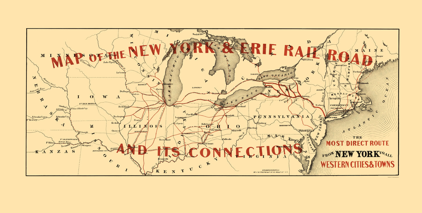 Railroad Map - New York and Erie Railroad Connections - Colton 1855 - 23 x 45.60 - Vintage Wall Art