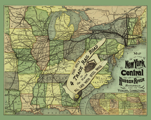 Railroad Map - New York Central and Hudson River Railroad - Rand McNally 1876 - 23 x 29 - Vintage Wall Art