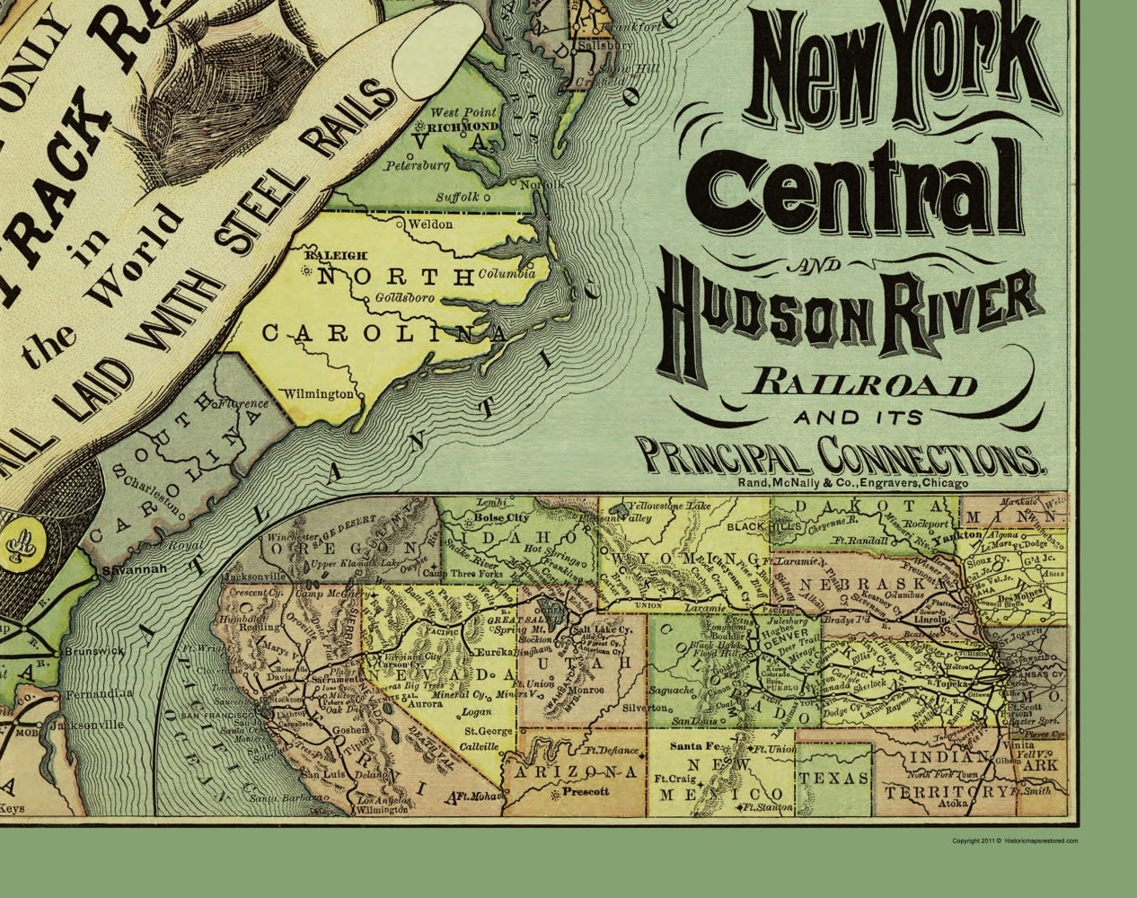 Railroad Map - New York Central and Hudson River Railroad - Rand McNally 1876 - 23 x 29 - Vintage Wall Art