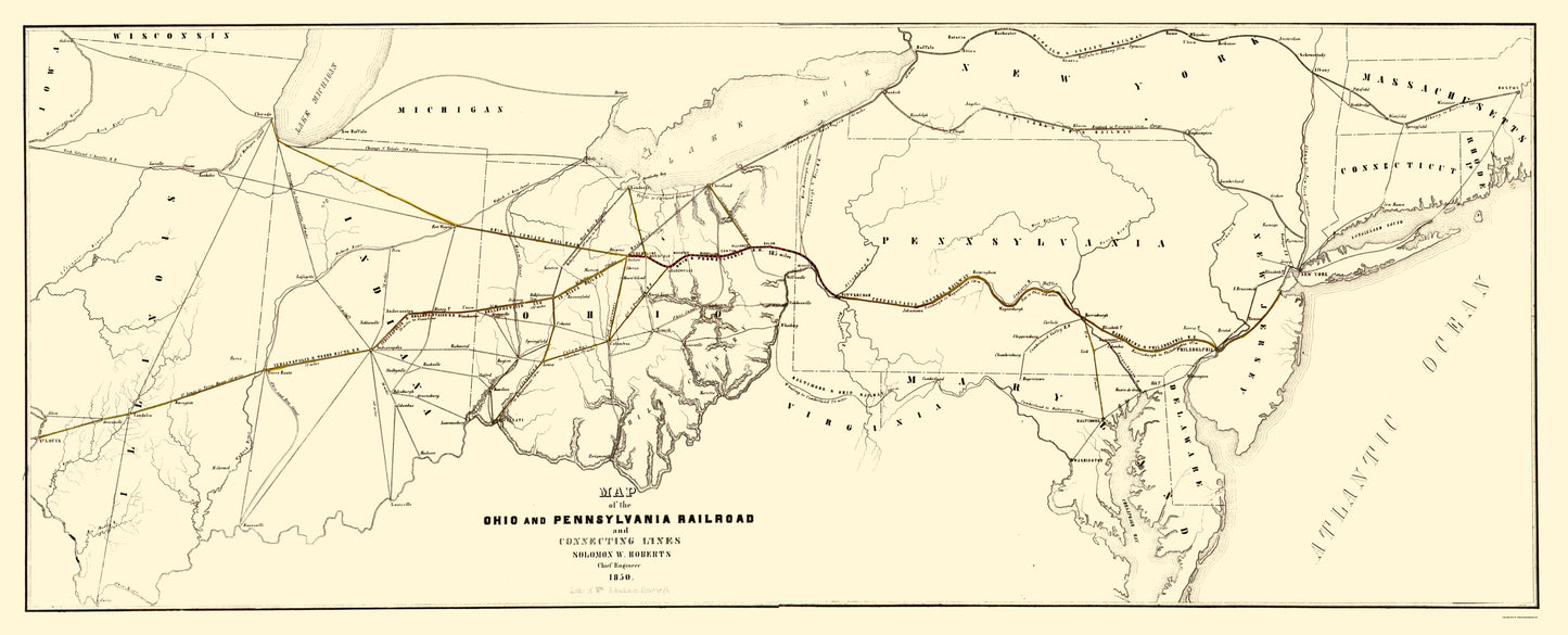 Railroad Map - Ohio and Pennsylvania Railroad - Schuchman 1850 - 23 x 56.80 - Vintage Wall Art