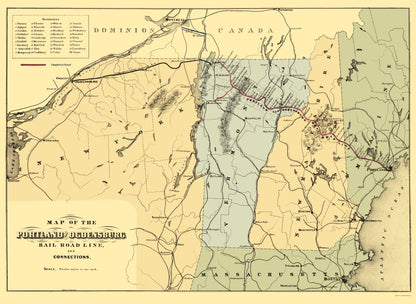 Railroad Map - Portland and Ogdensburg Railroad - Hatch 1850 - 23 x 31.43 - Vintage Wall Art