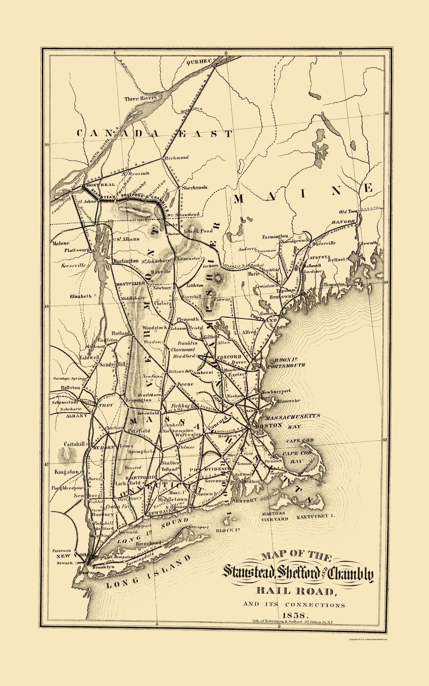 Railroad Map - Stanstead Shefford and Chambly Railroad - Robertson 1858 - 23 x 36 - Vintage Wall Art