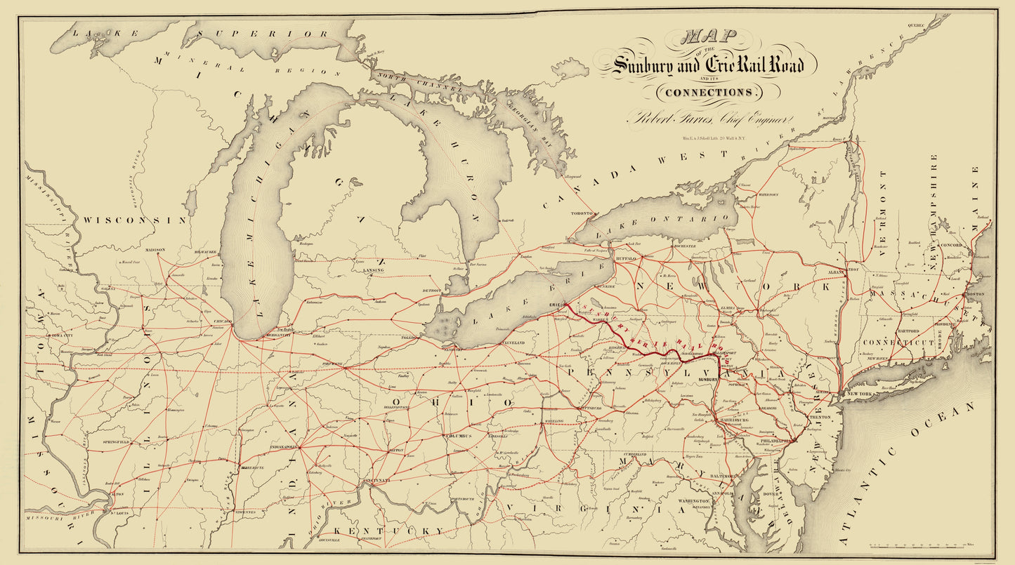 Railroad Map - Sunbury and Erie Railroad - Sibell 1850 - 23 x 41.30 - Vintage Wall Art