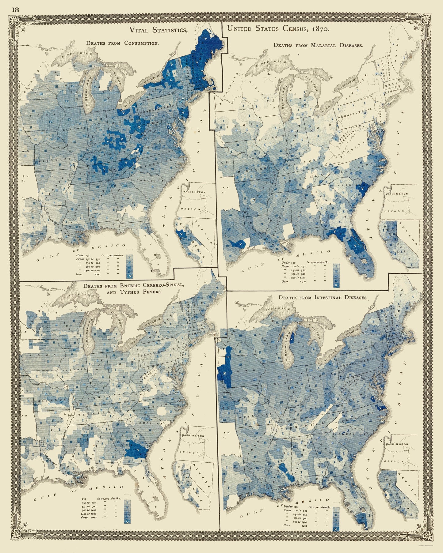 Historic State Map - United States Disease Distribution - Baskin 1876 - 23 x 28 - Vintage Wall Art