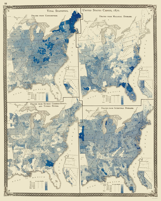 Historic State Map - United States Disease Distribution - Baskin 1876 - 23 x 28 - Vintage Wall Art