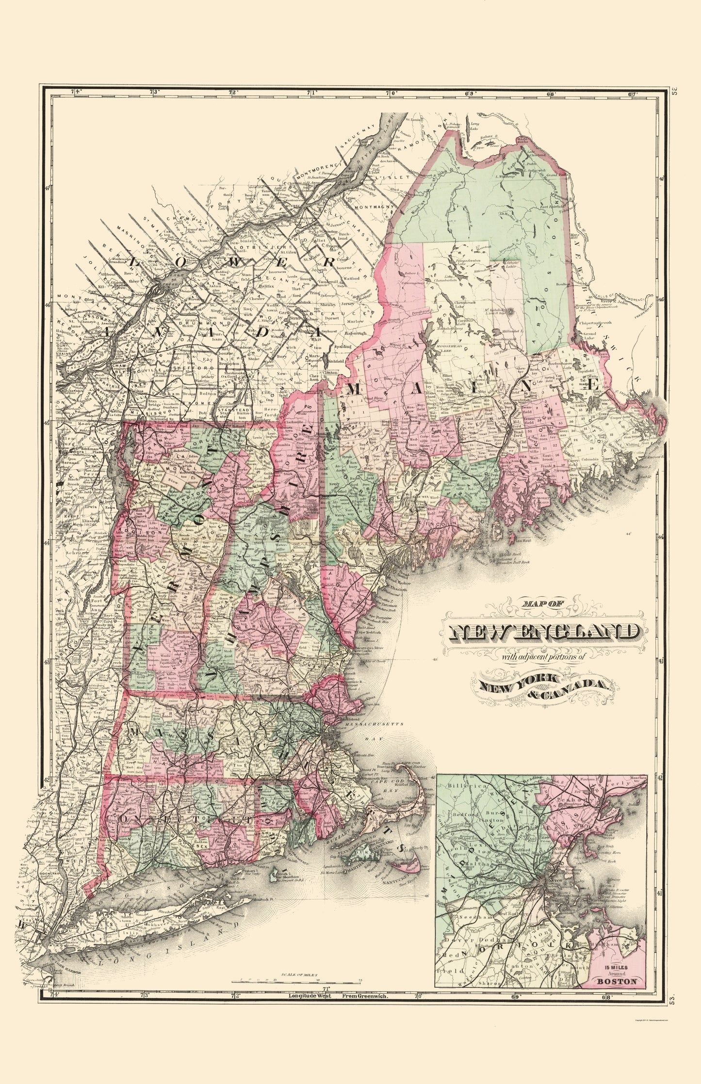 Historic State Map - New England - Davenport 1883 - 23 x 35.59 - Vintage Wall Art