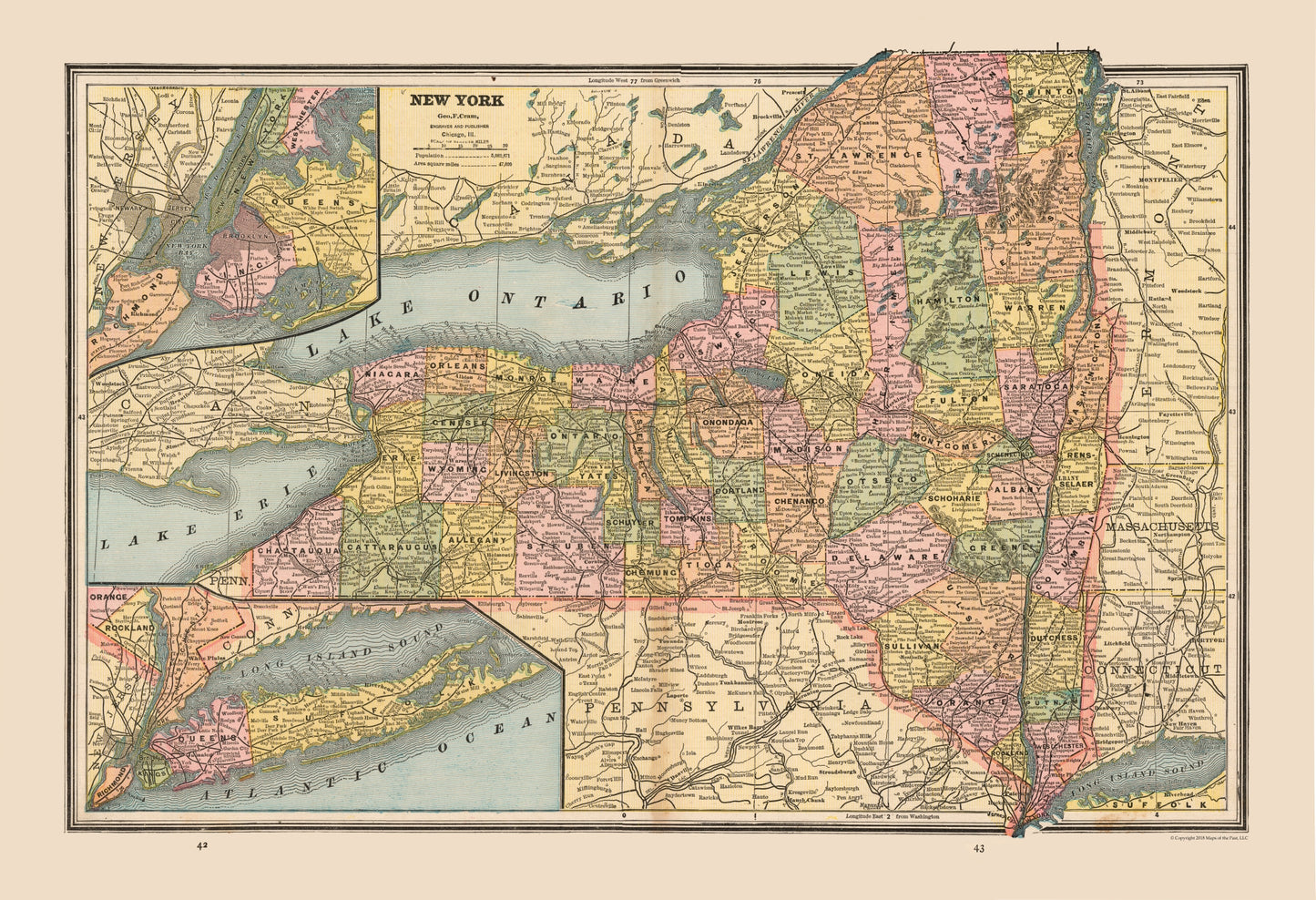 Historic State Map - New York United States - Cram 1888 - 33.62 x 23 - Vintage Wall Art