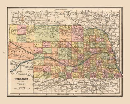 Historic State Map - Nebraska - Cram 1888 - 28.86 x 23 - Vintage Wall Art