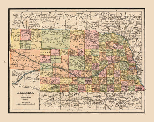 Historic State Map - Nebraska - Cram 1888 - 28.86 x 23 - Vintage Wall Art