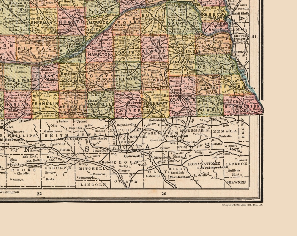 Historic State Map - Nebraska - Cram 1888 - 28.86 x 23 - Vintage Wall Art