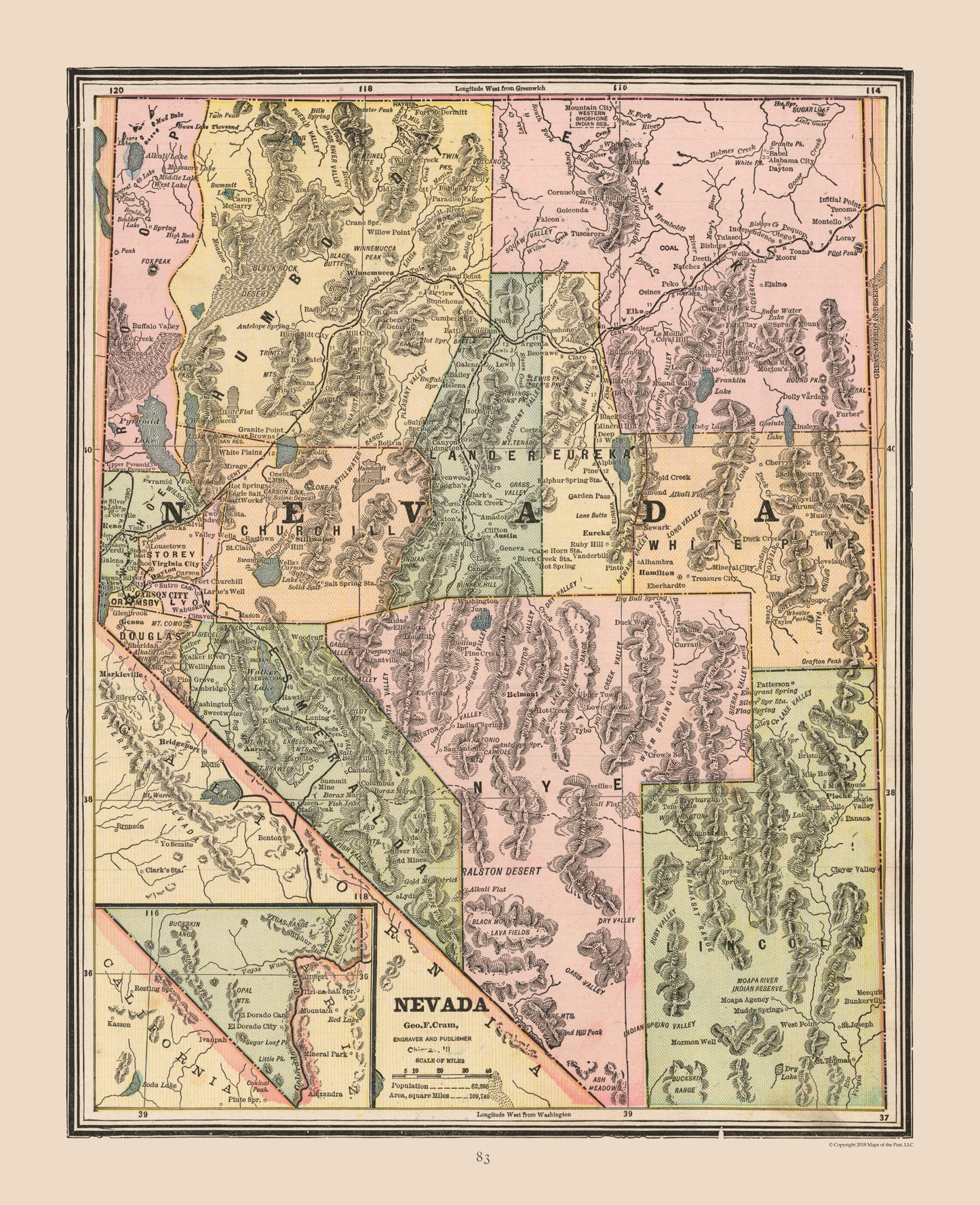 Historic State Map - Nevada - Cram 1888 - 23 x 28.28 - Vintage Wall Art