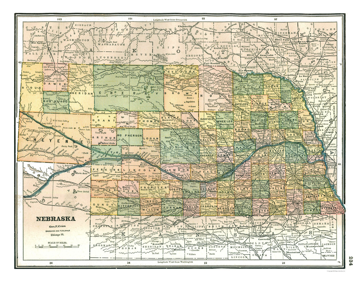 Historic State Map - Nebraska - Johnson 1888 - 29.09 x 23 - Vintage Wall Art