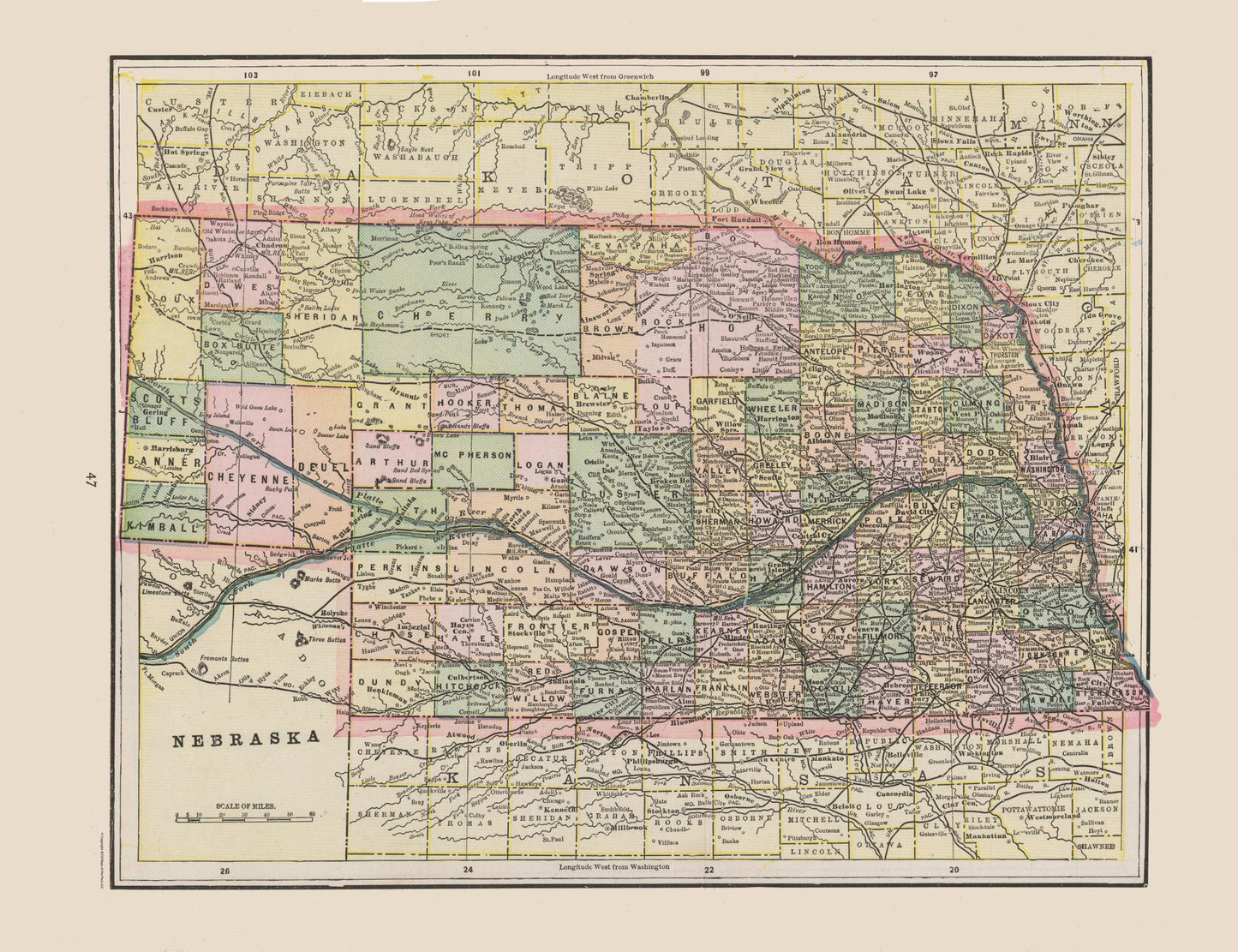 Historic State Map - Nebraska - Cram 1892 - 29.91 x 23 - Vintage Wall Art