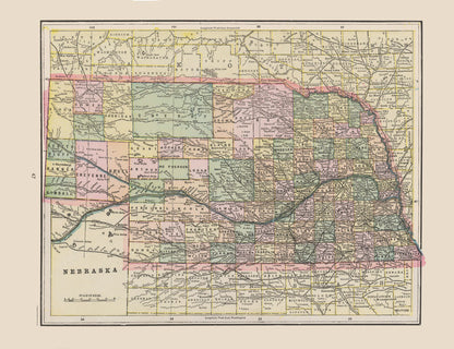 Historic State Map - Nebraska - Cram 1892 - 29.91 x 23 - Vintage Wall Art