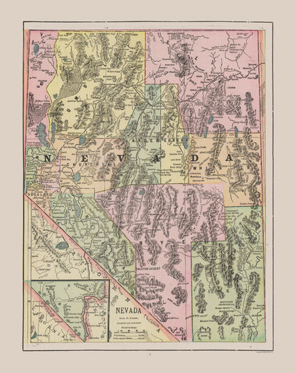 Historic State Map - Nevada - Cram 1892 - 23 x 29.01 - Vintage Wall Art