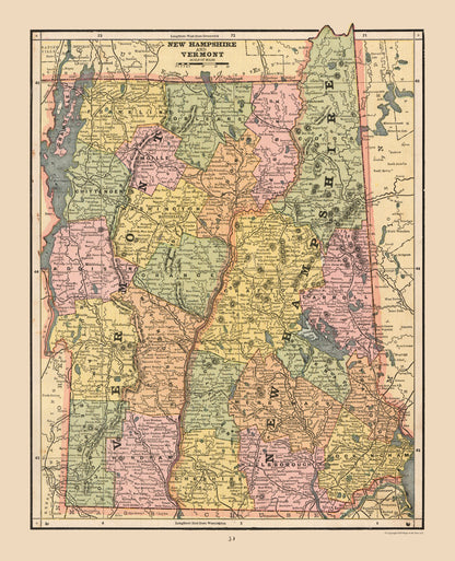 Historic State Map - New Hampshire Vermont - Cram 1888 - 23 x 28.36 - Vintage Wall Art