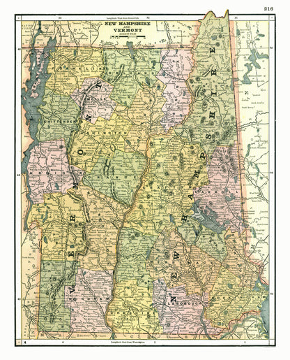 Historic State Map - New Hampshire Vermont - Johnson 1888 - 23 x 28.48 - Vintage Wall Art