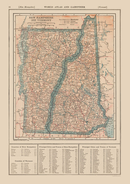 Historic State Map - New Hampshire Vermont - Reynold 1921 - 23 x 32.65 - Vintage Wall Art