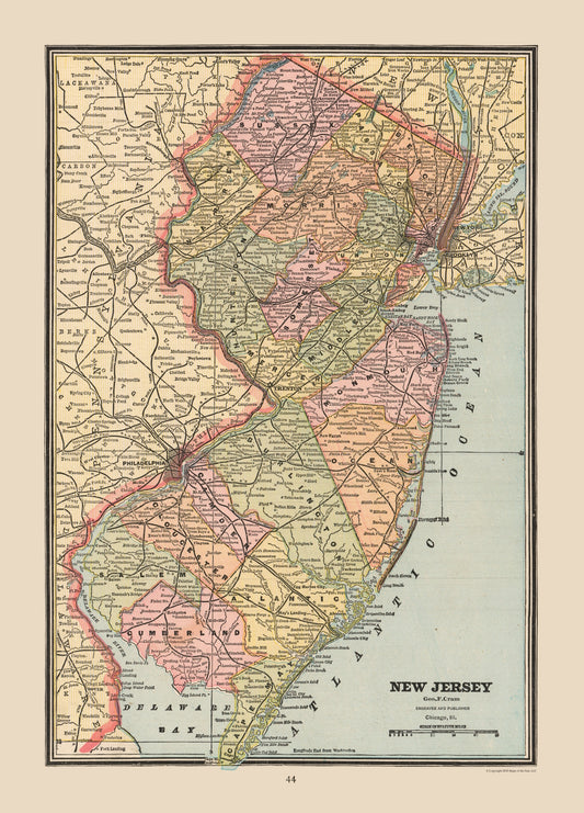 Historic State Map - New Jersey United States - Cram 1888 - 23 x 31.96 - Vintage Wall Art