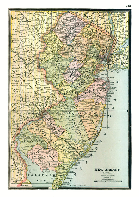 Historic State Map - New Jersey - Johnson 1888 - 23 x 32.64 - Vintage Wall Art