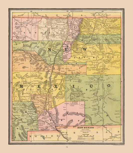Historic State Map - New Mexico - Cram 1888 - 23 x 26.43 - Vintage Wall Art