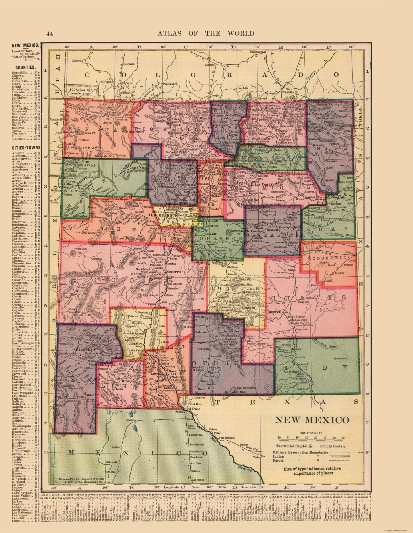 Historic State Map - New Mexico - Hammond 1910 - 23 x 29.65 - Vintage Wall Art