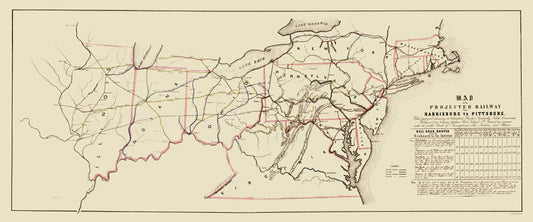 Railroad Map - Harrisburg Pittsburg Projected Railway - 1840 - 23 x 55.15 - Vintage Wall Art