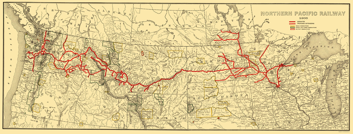 Railroad Map - Northern Pacific Railway - Poates 1900 - 23 x 60.62 - Vintage Wall Art