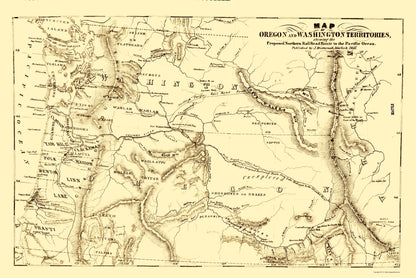 Railroad Map - Oregon and Washington Proposed Route - Disturnell 1855 - 23 x 34 - Vintage Wall Art