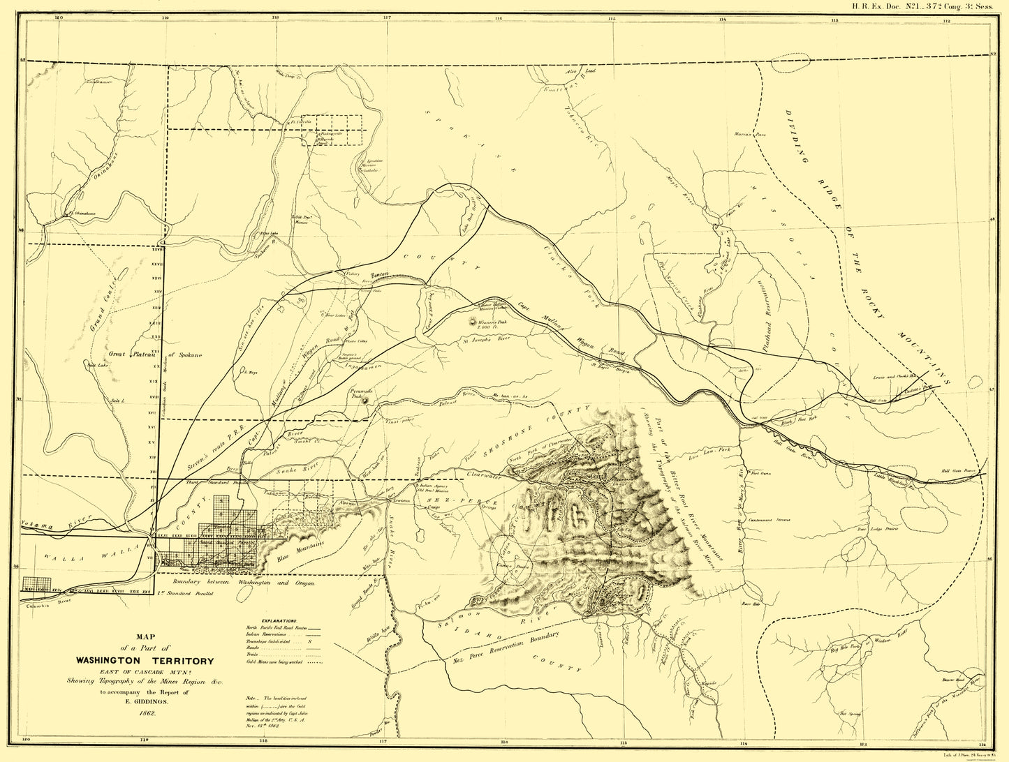 Historic State Map - Washington Territory East Cascade Mountains - Bien 1862 - 23 x 30 - Vintage Wall Art