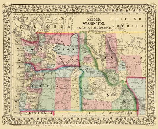 Historic State Map - Oregon Washington Idaho Montana - Mitchell 1870 - 23 x 28.09 - Vintage Wall Art