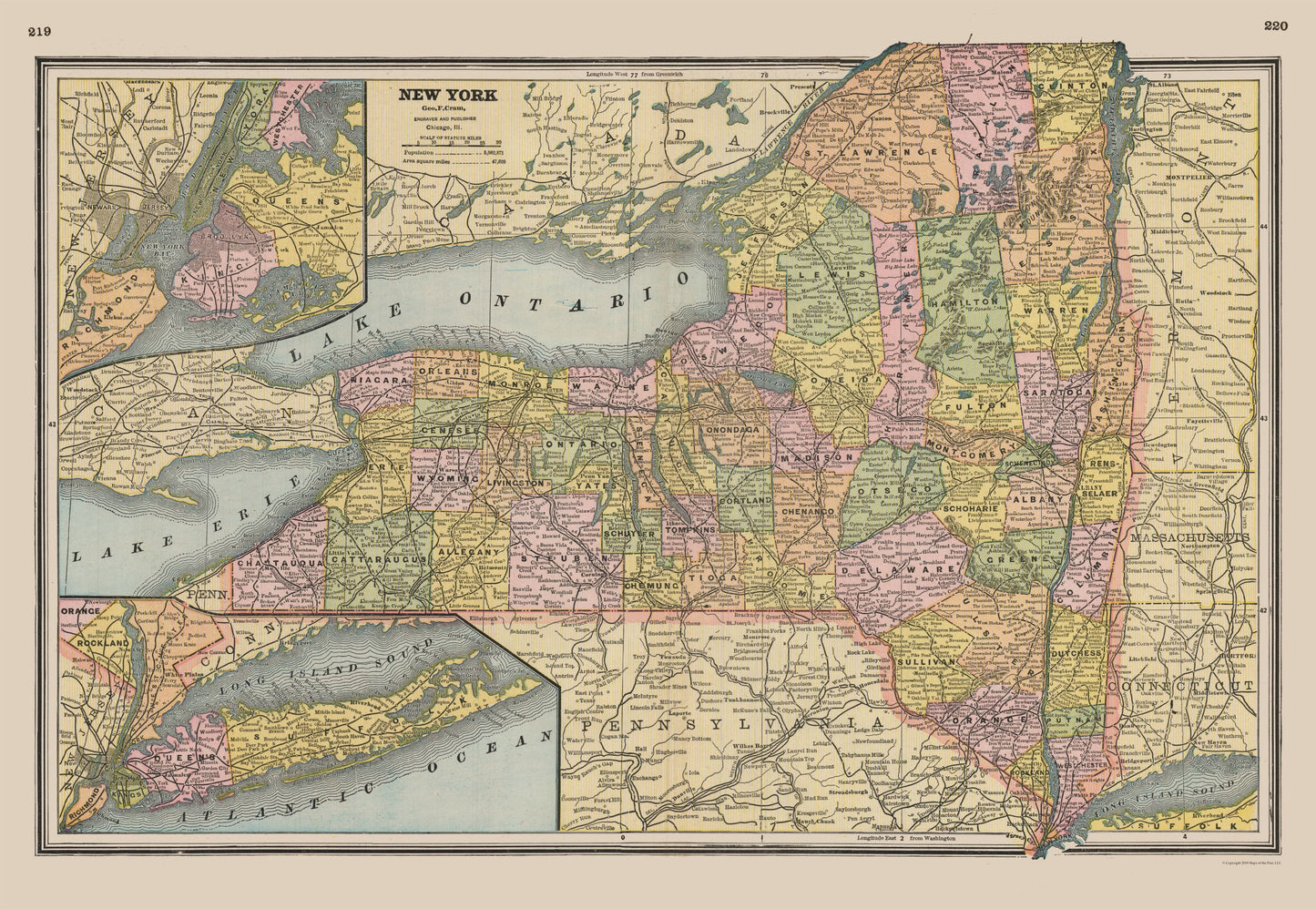 Historic State Map - New York - Johnson 1888 - 33.31 x 23 - Vintage Wall Art