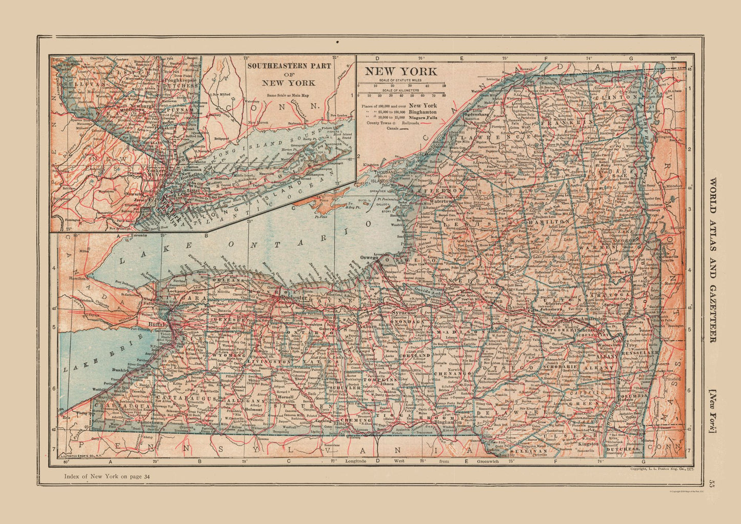 Historic State Map - New York - Reynold 1921 - 32.53 x 23 - Vintage Wall Art