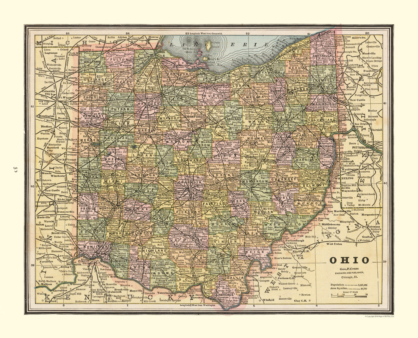 Historic State Map - Ohio - Cram 1888 - 28.39 x 23 - Vintage Wall Art