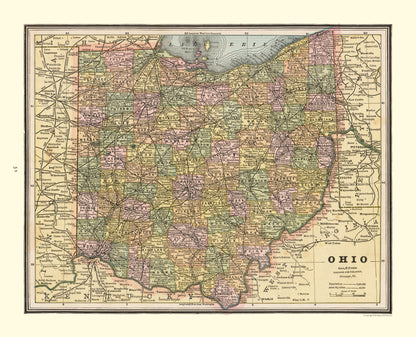 Historic State Map - Ohio - Cram 1888 - 28.39 x 23 - Vintage Wall Art