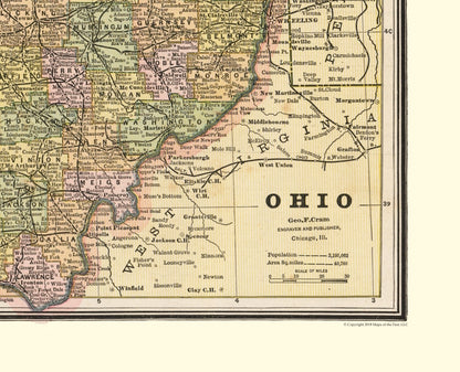 Historic State Map - Ohio - Cram 1888 - 28.39 x 23 - Vintage Wall Art