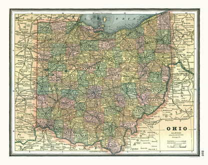 Historic State Map - Ohio - Johnson 1888 - 28.93 x 23 - Vintage Wall Art