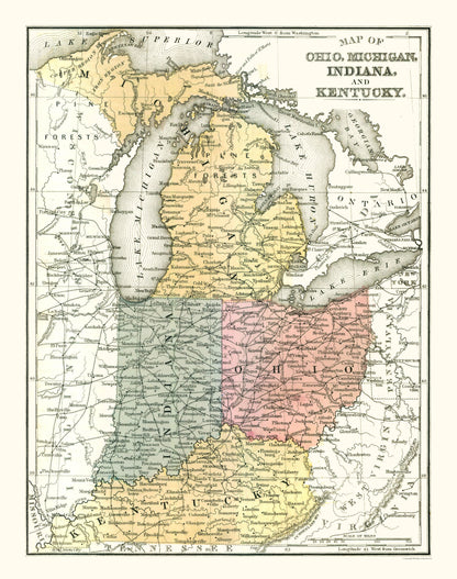 Historic State Map - Ohio Michigan Indiana Kentucky - Mitchell 1869 - 23 x 29.12 - Vintage Wall Art