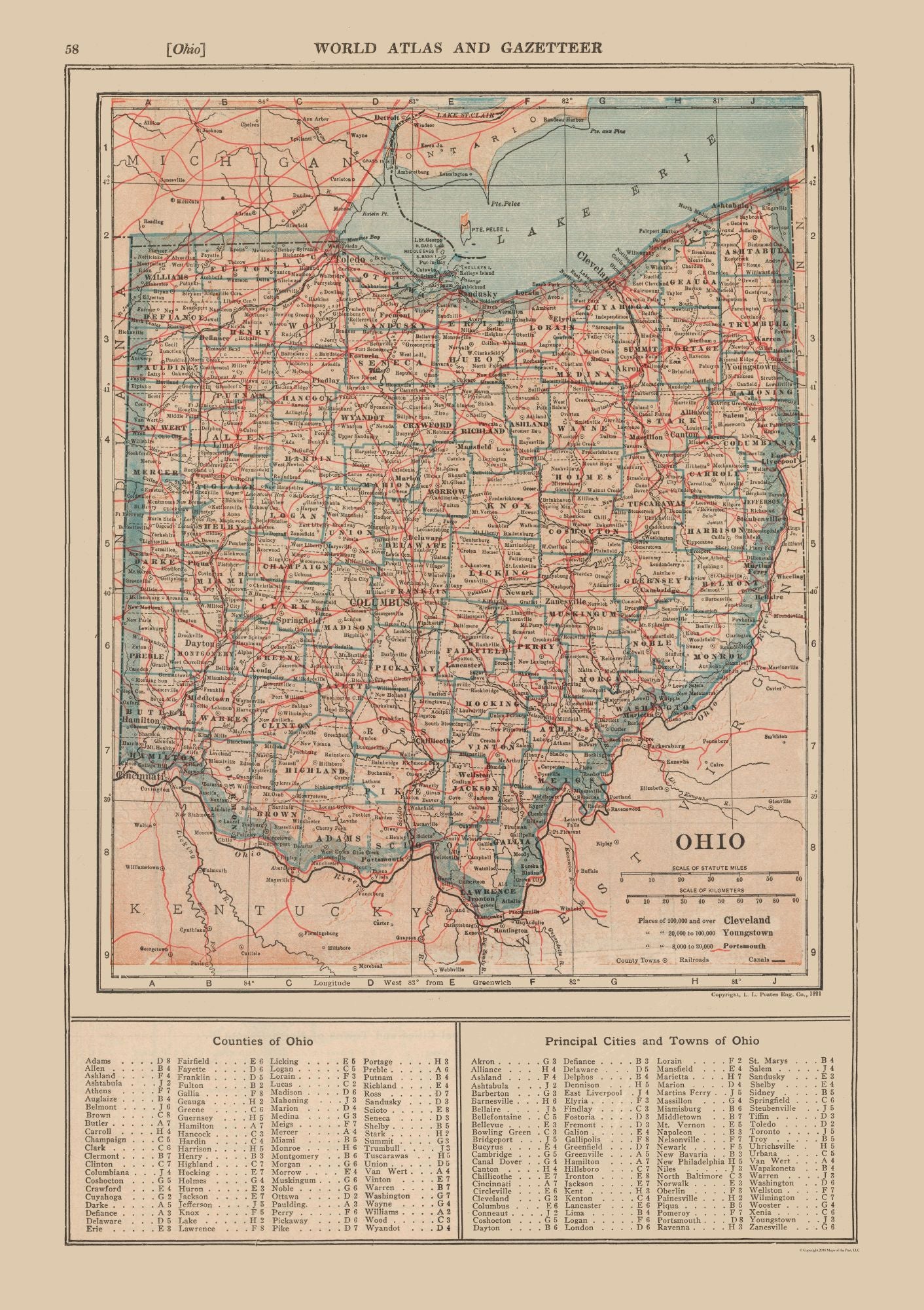 Historic State Map - Ohio - Reynold 1921 - 23 x 32.57 - Vintage Wall Art