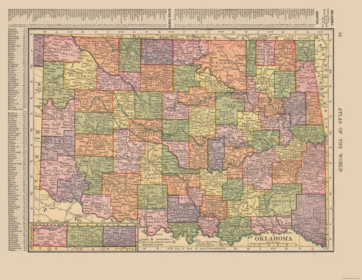 Historic State Map - Oklahoma - Hammond 1910 - 29.72 x 23 - Vintage Wall Art