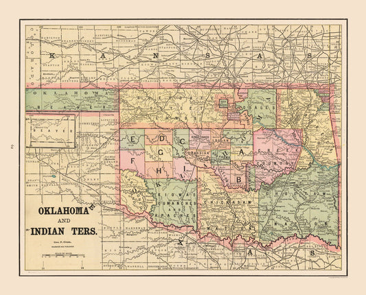 Historic State Map - Oklahoma Indian Territory - Cram 1892 - 28.50 x 23 - Vintage Wall Art