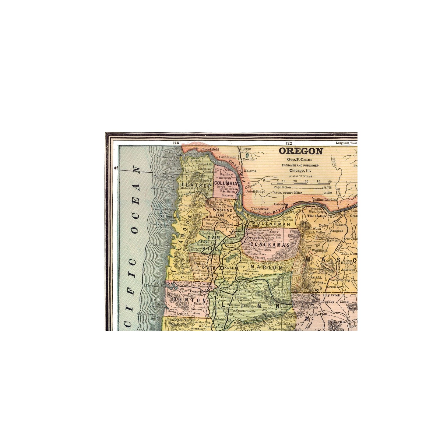 Historic State Map - Oregon - Johnson 1888 - 28.52 x 23 - Vintage Wall Art