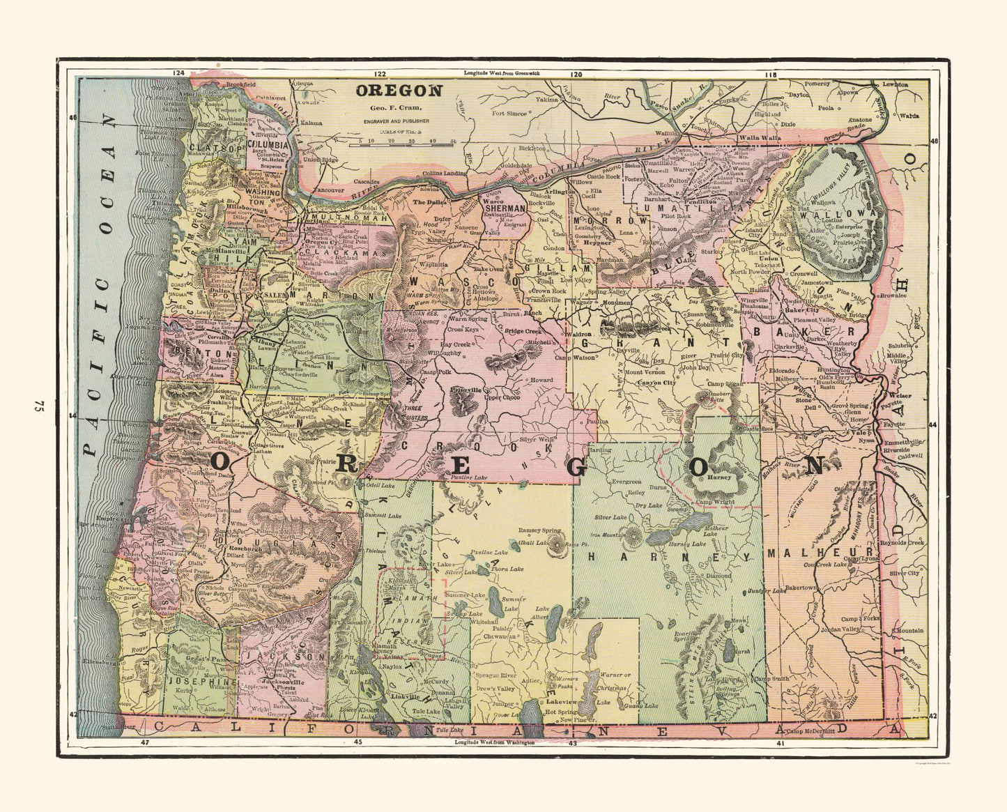 Historic State Map - Oregon - Cram 1892 - 28.53 x 23 - Vintage Wall Art