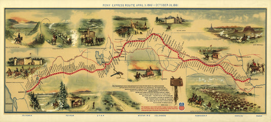 Historic Nautical Map - Pony Express Route April 1860 - Jackson 1860 - 51 x 23 - Vintage Wall Art