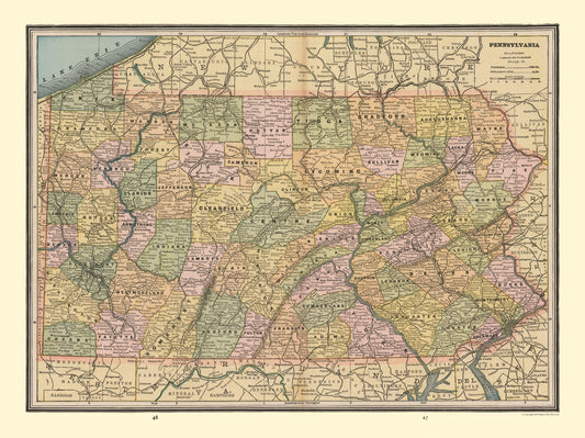 Historic State Map - Pennsylvania - Cram 1888 - 30.73 x 23 - Vintage Wall Art