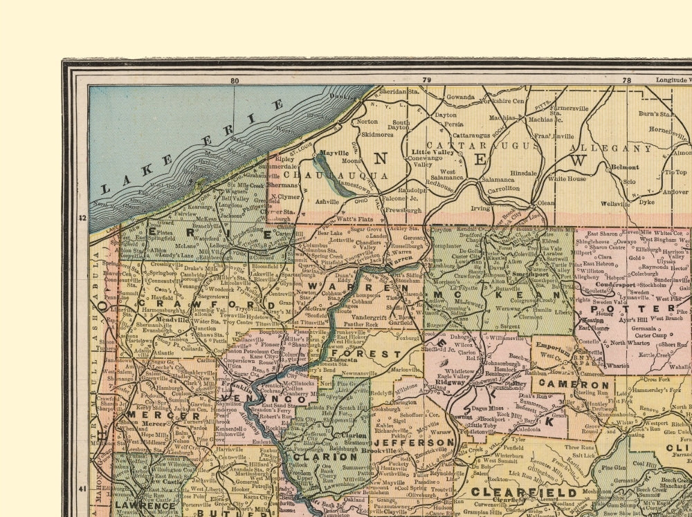 Historic State Map - Pennsylvania - Cram 1888 - 30.73 x 23 - Vintage Wall Art