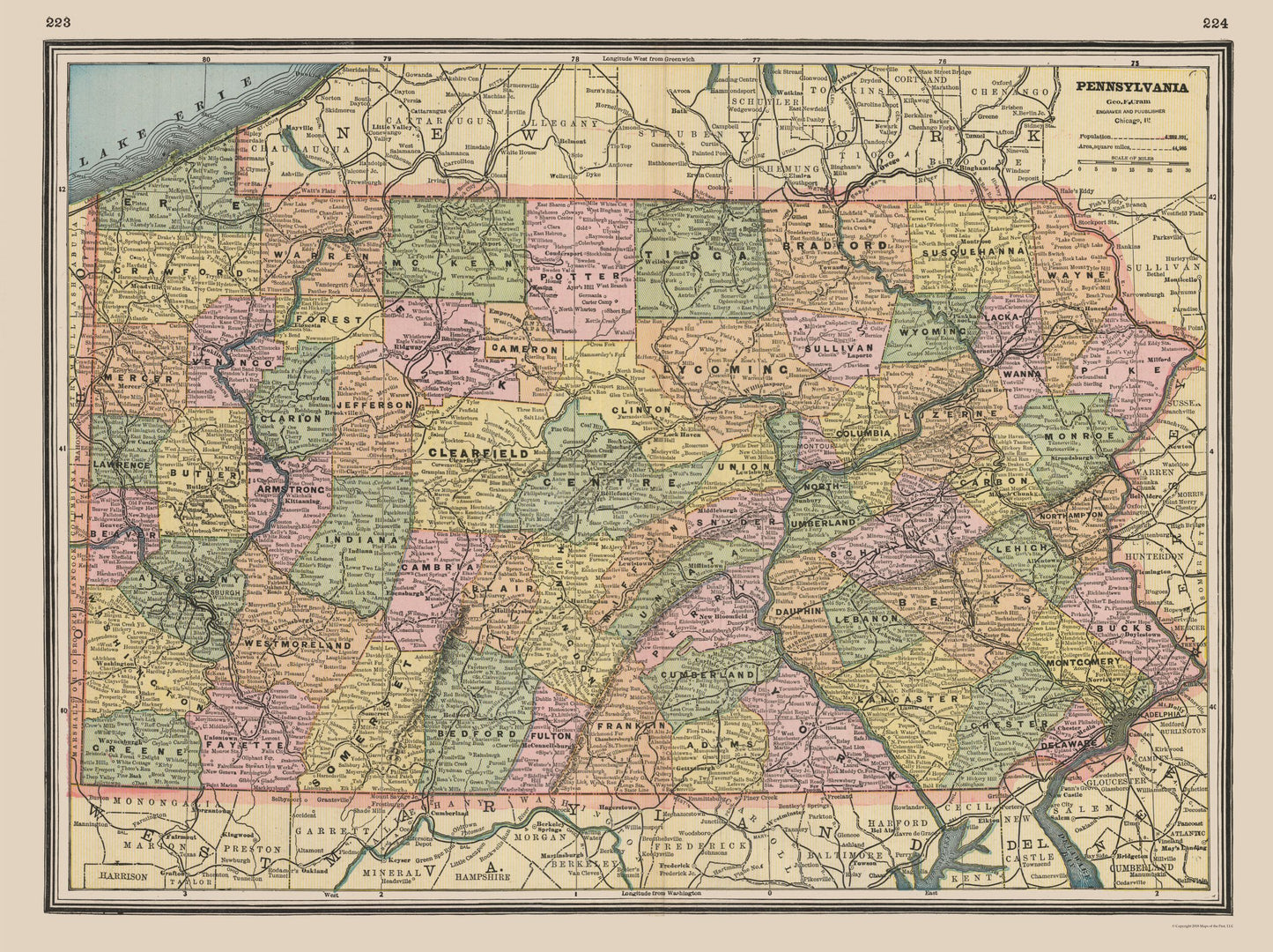 Historic State Map - Pennsylvania - Johnson 1888 - 30.78 x 23 - Vintage Wall Art