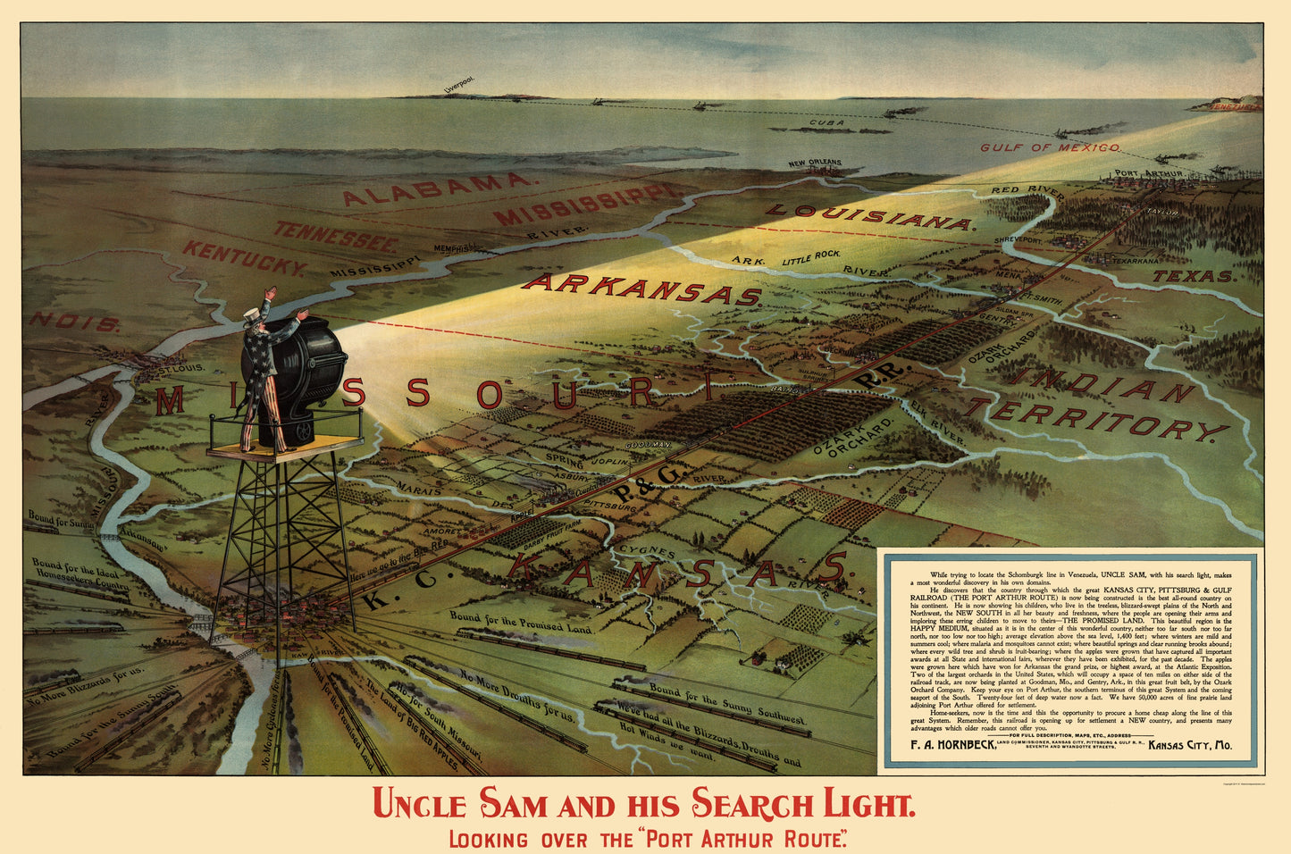 Railroad Map - Port Arthur Route Uncle Sam and Search Light - Hornbeck 1896 - 23 x 34 - Vintage Wall Art